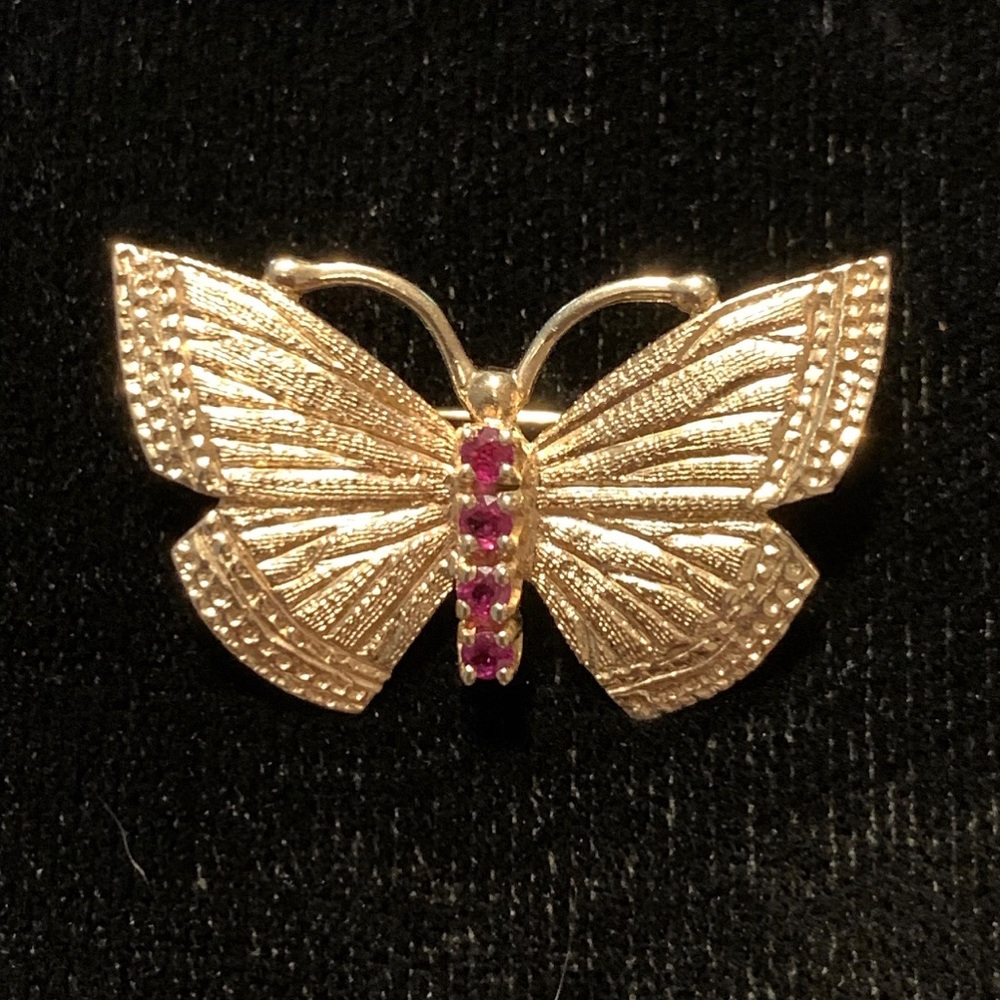 🦋 14K Solid Gold Ruby Butterfly Brooch Pin